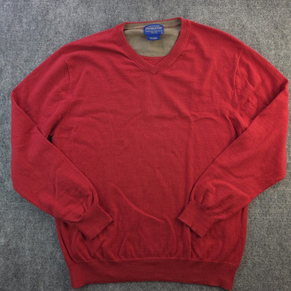 Pendleton Sweater Adult Large Red‎ Solid Cashmere Blend V Neck Long Sleeve